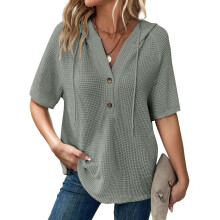 Womens Summer Tops Waffle Knit Short Sleeve Drawstring Hoodies Button V Neck Casual Blouses Shirts Green S
