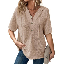 Womens Summer Tops Waffle Knit Short Sleeve Drawstring Hoodies Button V Neck Casual Blouses Shirts Apricot S