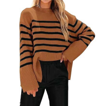 Women'S Striped Knit Oversized Fall 2025 Trendy Clothes Crewneck Winter Pullover Sweater Side Split Dark Brown L