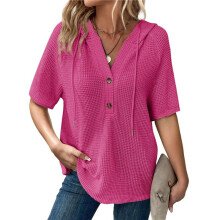 Womens Summer Tops Waffle Knit Short Sleeve Drawstring Hoodies Button V Neck Casual Blouses Shirts Red S