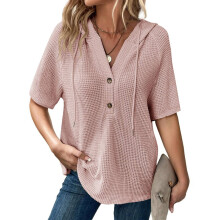Womens Summer Tops Waffle Knit Short Sleeve Drawstring Hoodies Button V Neck Casual Blouses Shirts XXL