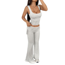 Women'S Fitness Suit Two-Piece Vest with Wide-Leg Leggings Suit Hot Girl Light Gray M