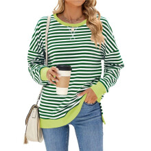 Oversized Sweatshirt for Women 2025 Summer Crewneck Striped Long Sleeve Side Slits Shirts Hoodies Y2K Green & White S