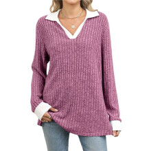 Women'S V Neck Sweaters Pullover Color Block Collar Long Sleeves Loose Fit Casaul Tunic Tops Shirts Red M