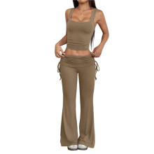 Women'S Fitness Suit Two-Piece Vest with Wide-Leg Leggings Suit Hot Girl Brown S