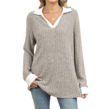 Women'S V Neck Sweaters Pullover Color Block Collar Long Sleeves Loose Fit Casaul Tunic Tops Shirts Khaki S