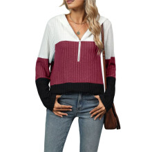 Women'S Size Colorblock Half Zip Hoodies Ribbed Knit V Neck Long Sleeve Pullover Sweater Wine Red XL