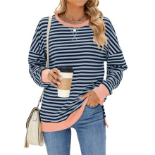 Oversized Sweatshirt for Women 2025 Summer Crewneck Striped Long Sleeve Side Slit Shirts Hoodies Y2K & Gray L