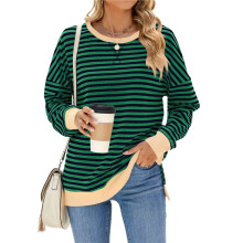 Oversized Sweatshirt for Women 2025 Summer Crewneck Striped Long Sleeve Side Slits Shirts Hoodies Y2K Green & XXL