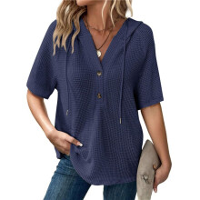 Womens Summer Tops Waffle Knit Short Sleeve Drawstring Hoodies Button V Neck Casual Blouses Shirts Navy XL