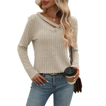 Long Sleeve Shirts for Women V Neck Fall Sweaters Dressy Casual Basic Tops Trendy Pullover Apricot S
