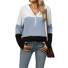 Women'S Size Colorblock Half Zip Hoodies Ribbed Knit V Neck Long Sleeve Pullover Sweater Light M