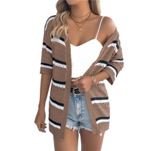 Women Knitted Crochet Cardigan Short Sleeve Sweater Casual Loose Comfy Light-Weight Kimonos Top Coffee Color S