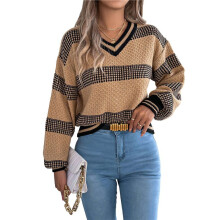 Womens Oversized Striped Tunic Sweaters Casual V Neck Long Sleeve Color Block Knit Pullover Jumper Tops Khaki S