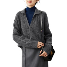Women'S Cable Long Sleeve Sweaters Tops Solid Lapel V Neck Knit Casual Soft Pullover Shirt Grey M