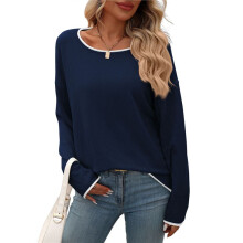 Women'S Fall Sweaters 2025 Casual Crew Neck Contrast Long Sleeve Knit Pullovers Jumper Tops Navy L