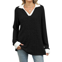 Women'S V Neck Sweaters Pullover Color Block Collar Long Sleeves Loose Fit Casaul Tunic Tops Shirts Black M
