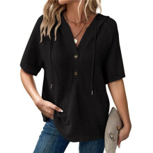 Womens Summer Tops Waffle Knit Short Sleeve Drawstring Hoodies Button V Neck Casual Blouses Shirts Black L