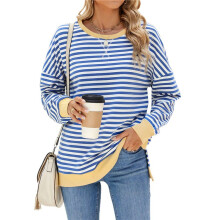 Oversized Sweatshirt for Women 2025 Summer Crewneck Striped Long Sleeve Side Slits Shirts Hoodies Y2K & White M