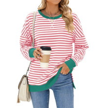 Oversized Sweatshirt for Women 2025 Summer Crewneck Striped Long Sleeve Side Slits Shirts Hoodies Y2K & White XL