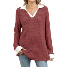 Women'S V Neck Sweaters Pullover Color Block Collar Long Sleeves Loose Fit Casaul Tunic Tops Shirts Rust Red M