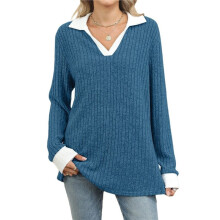 Women'S V Neck Sweaters Pullover Color Block Collar Long Sleeves Loose Fit Casaul Tunic Tops Shirts XXL