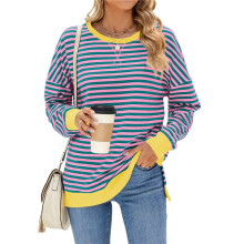 Oversized Sweatshirt for Women 2025 Summer Crewneck Striped Long Sleeve Side Slits Shirts Hoodies Y2K Green & L