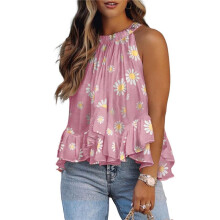 Women'S Summer Halter Neck Smocked Sleeveless Irregular Ruffled Blouse Tank Shirt XXL