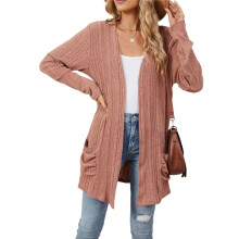 Women'S Long Sleeve Cardigan Solid Color Ribbed Brushed Cardigan Open Front with Pockets Brick Red L