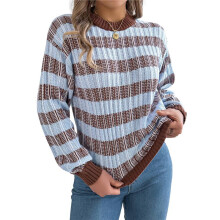 Women'S 2025 Fall Winter Color Block Striped Sweater Crew Neck Sweaters Casual Loose Knit Sweater Coffee Color M