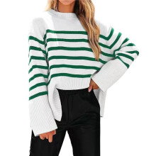 Women'S Striped Knit Oversized Fall Sweaters 2025 Trendy Clothes Crewneck Winter Pullover Sweater Side Split Green M