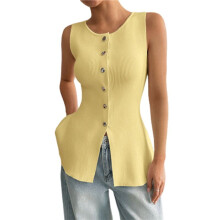 Women Button Down Tank Top Ribbed Summer Vest Tops Slim Fit Open Front Sleeveless Crop Shirt Yellow L
