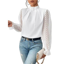 Women'S Casual Long Sleeve Frill Mock Neck Lantern Sleeve Shirts White XS