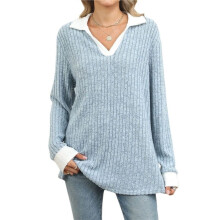 Women'S V Neck Sweaters Pullover Color Block Collar Long Sleeves Loose Fit Casaul Tunic Tops Shirts Light S