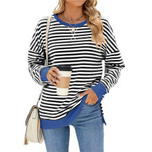Oversized Sweatshirt for Women 2025 Summer Crewneck Striped Long Sleeve Side Slits Shirts Hoodies Y2K Black & White S