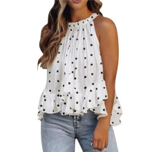 Women'S Summer Halter Neck Smocked Sleeveless Irregular Ruffled Blouse Tank Shirt Polka Dots XXL