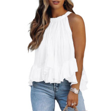 Women'S Summer Halter Neck Smocked Sleeveless Irregular Ruffled Blouse Tank Shirt White L