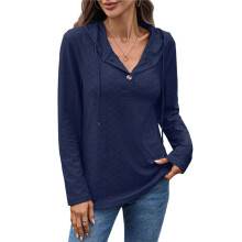 Women Spring Autumn Hollow Out Hoodies Drawstring Button V Neck Long Sleeve Pullover Sweatshirt Navy M