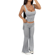 Women'S Fitness Suit Two-Piece Vest with Wide-Leg Leggings Suit Hot Girl Dark Gray XL