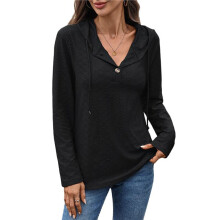 Sweatshirts for Women Spring Autumn Hollow Out Hoodies Drawstring Button V Neck Long Sleeve Pullover Sweatshirt Black M