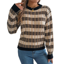 Women'S 2025 Fall Winter Color Block Striped Sweater Crew Neck Sweaters Casual Loose Knit Sweater Black S