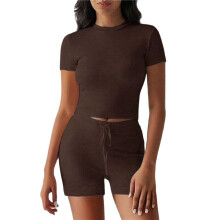 Women'S Summer 2 Piece Outfits Skinny Shorts Tracksuit Sets Brown L