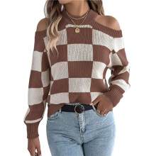 Women'S Color Block Checkered Off-Shoulder Long Sleeve Y2K Knitted Pullover Tops Vintage Sweater Coffee Color L