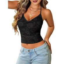 Sexy- Tops for Women Lace Camisole Y2k Halter Crop Top Slim Sleeveless Going Out Outfits 2025 Trendy Black S