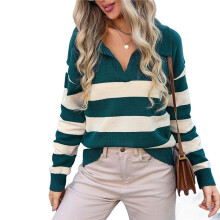Women'S V Neck Striped Sweater Long Sleeve Oversized Fashion Knitted Pullover Fall Sweaters Tops Dark Green M