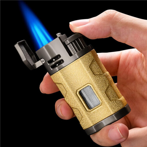 Butane Torch Lighter Triple Jet Flame, Refillable Windproof Cigar Lighter with Fuel Window, Gift Box 1