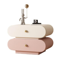 Pink and White Wooden Bedside Table with Double Drawers, Compact Nightstand for Small Bedroom Storage