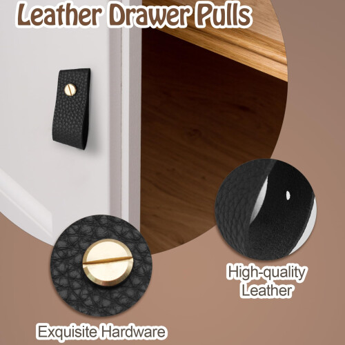 12 Pack Black Leather Cabinet Knobs and Drawer Pulls, Modern Leather Design with Soft Grip, Easy SingleHole Install 2
