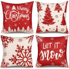 Weihnachtskissenbezüge (40 x 40 cm), 4er-Set, rot-kariert mit Hirsch- und Schneeflockenmotiv, Leinen-Kissenbezüge im Landhausstil für die