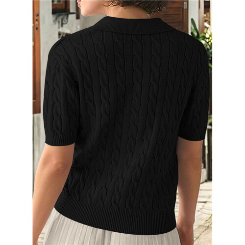 Women'S Cable Short Sleeve Sweaters Tops Solid Lapel V Neck Knit Casual Soft Pullover Shirt Black L 1